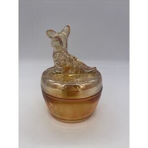1940's Jeanette Glass Marigold Scottie Dog Lid Covered Candy Dish Powder Jar